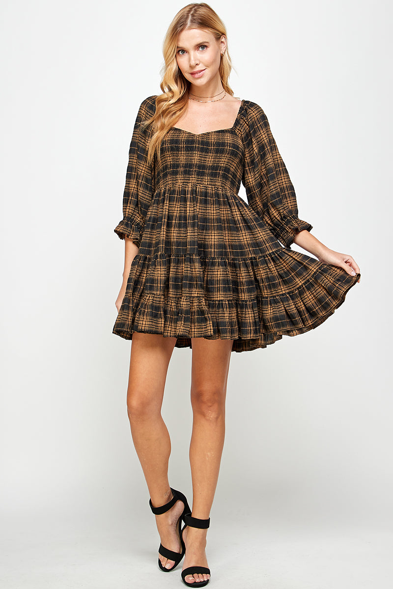 YURA Smocked Babydoll Dress in Tan Plaid