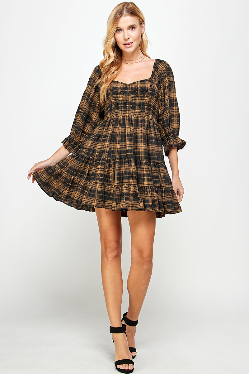 YURA Smocked Babydoll Dress in Tan Plaid