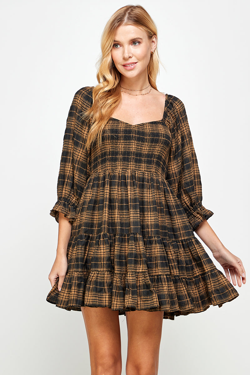 YURA Smocked Babydoll Dress in Tan Plaid