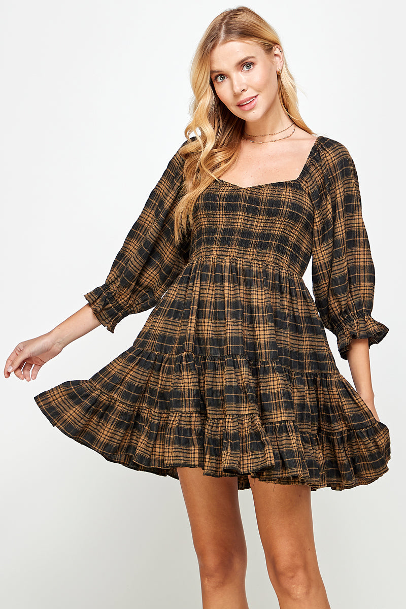 YURA Smocked Babydoll Dress in Tan Plaid