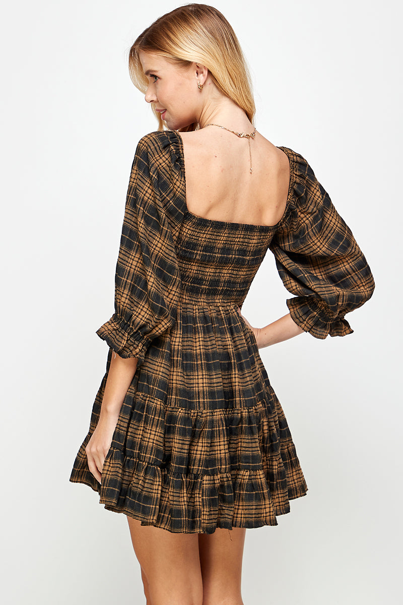 YURA Smocked Babydoll Dress in Tan Plaid