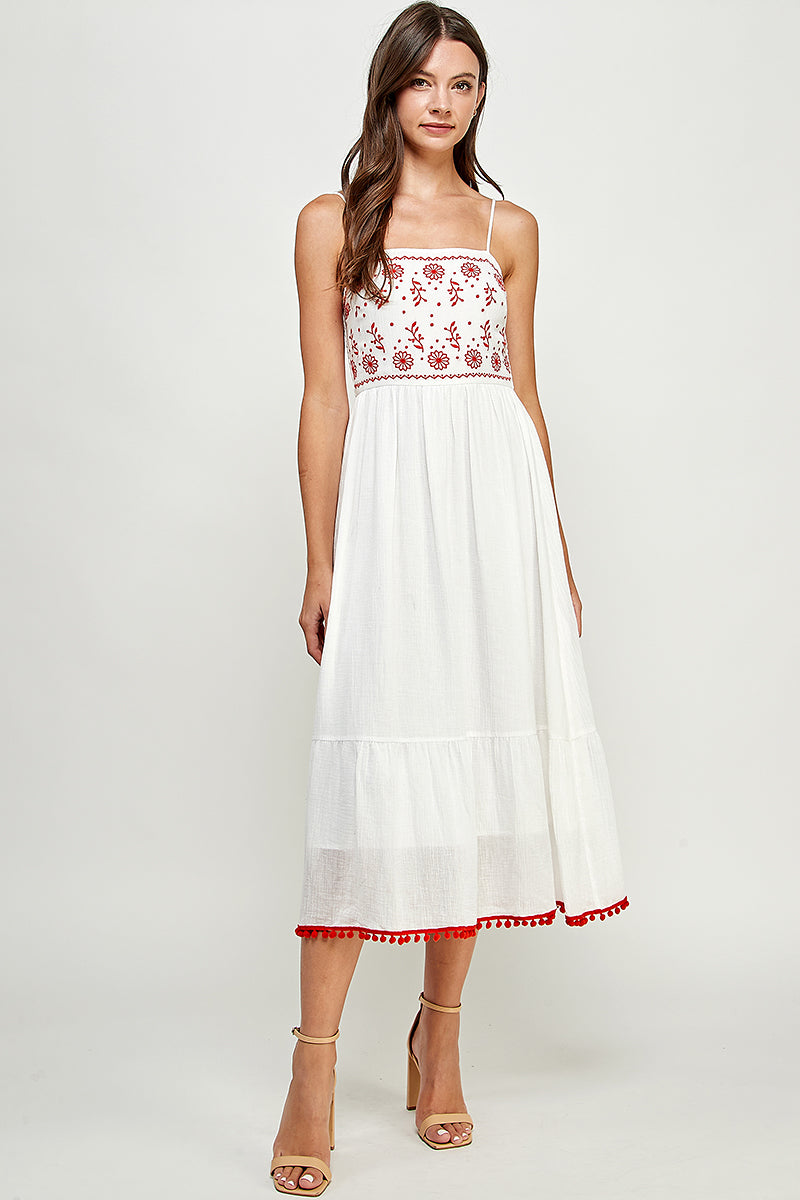 Embroidered Front Top and Smocked Back Midi Dress W/ Pompom.