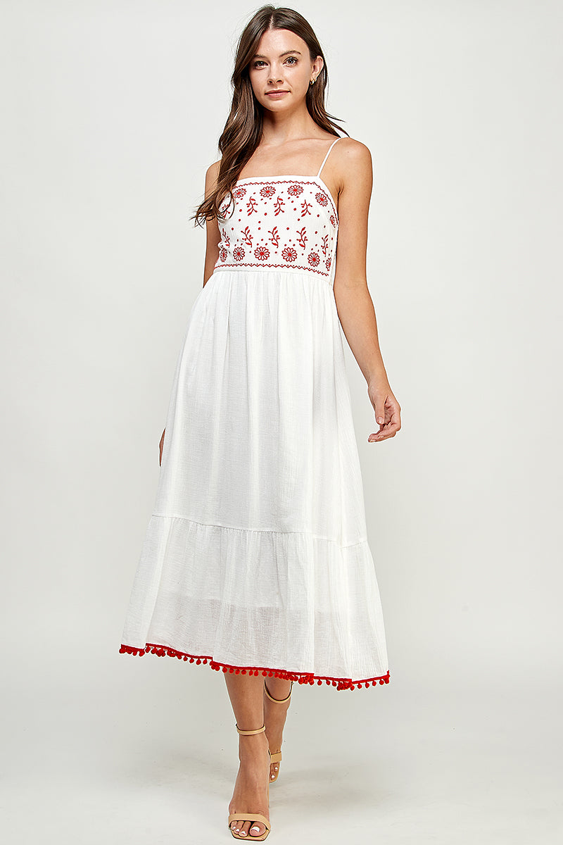 Embroidered Front Top and Smocked Back Midi Dress W/ Pompom.