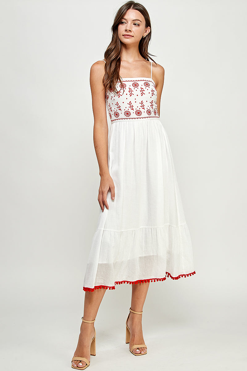 Embroidered Front Top and Smocked Back Midi Dress W/ Pompom.