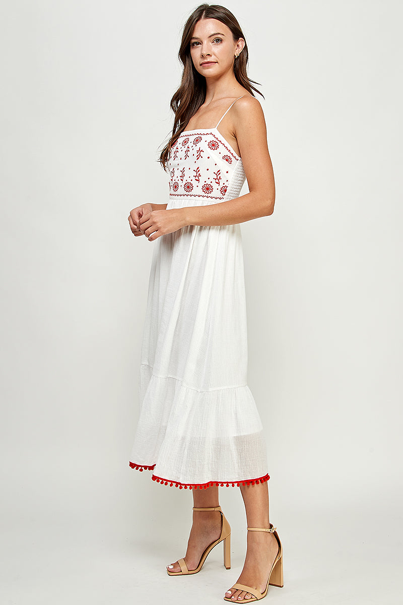 Embroidered Front Top and Smocked Back Midi Dress W/ Pompom.