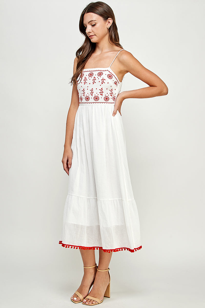 Embroidered Front Top and Smocked Back Midi Dress W/ Pompom.