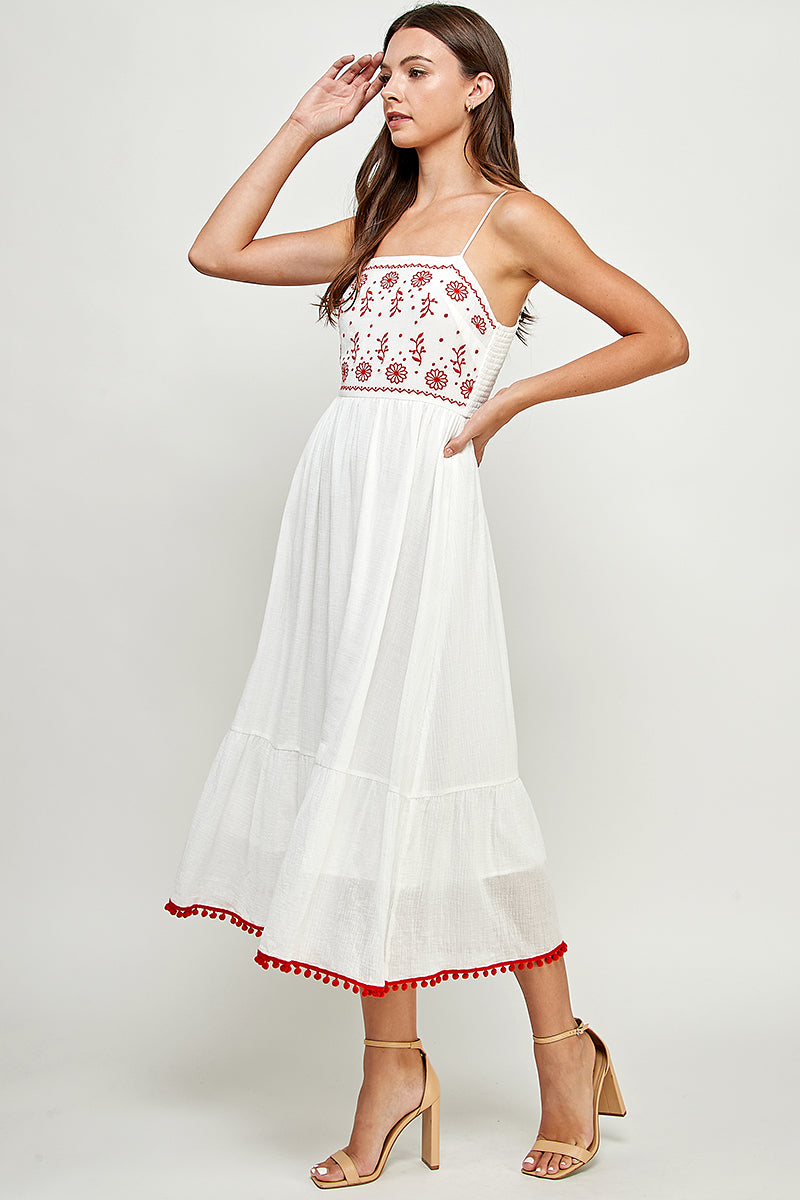 Embroidered Front Top and Smocked Back Midi Dress W/ Pompom.
