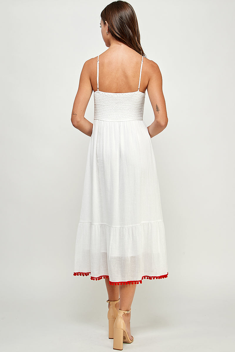 Embroidered Front Top and Smocked Back Midi Dress W/ Pompom.