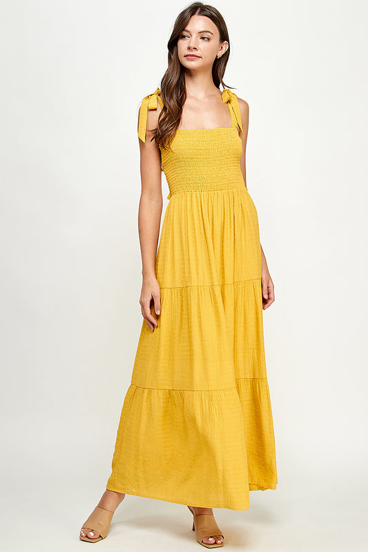 Smocked cross back maxi dress
