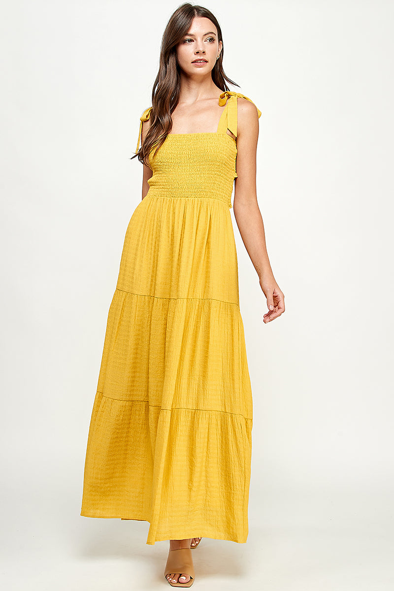 Smocked cross back maxi dress