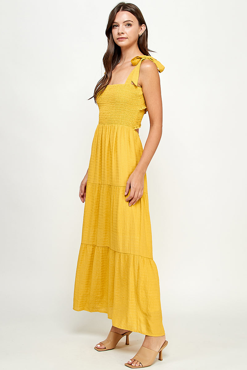 Smocked cross back maxi dress