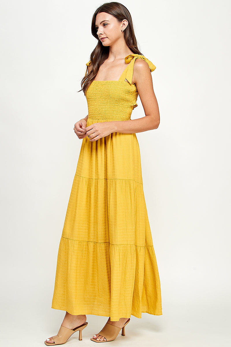 Smocked cross back maxi dress