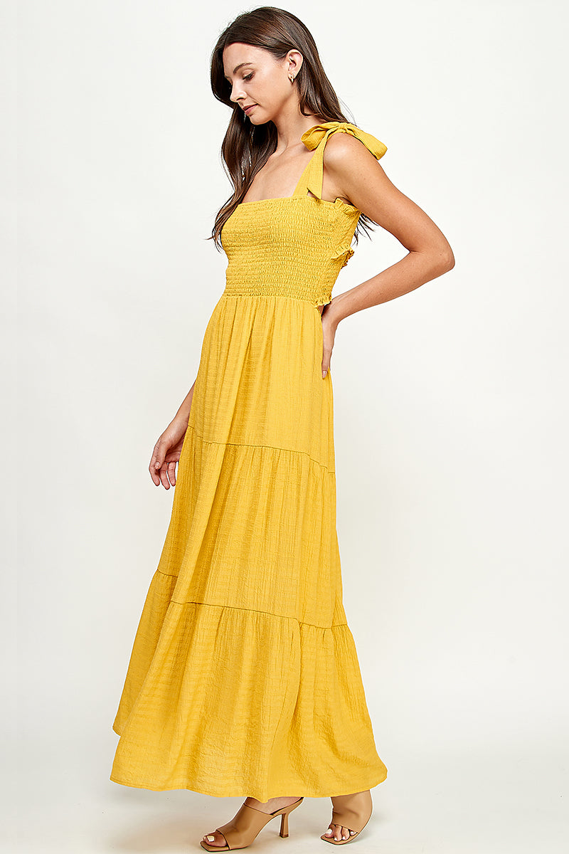 Smocked cross back maxi dress