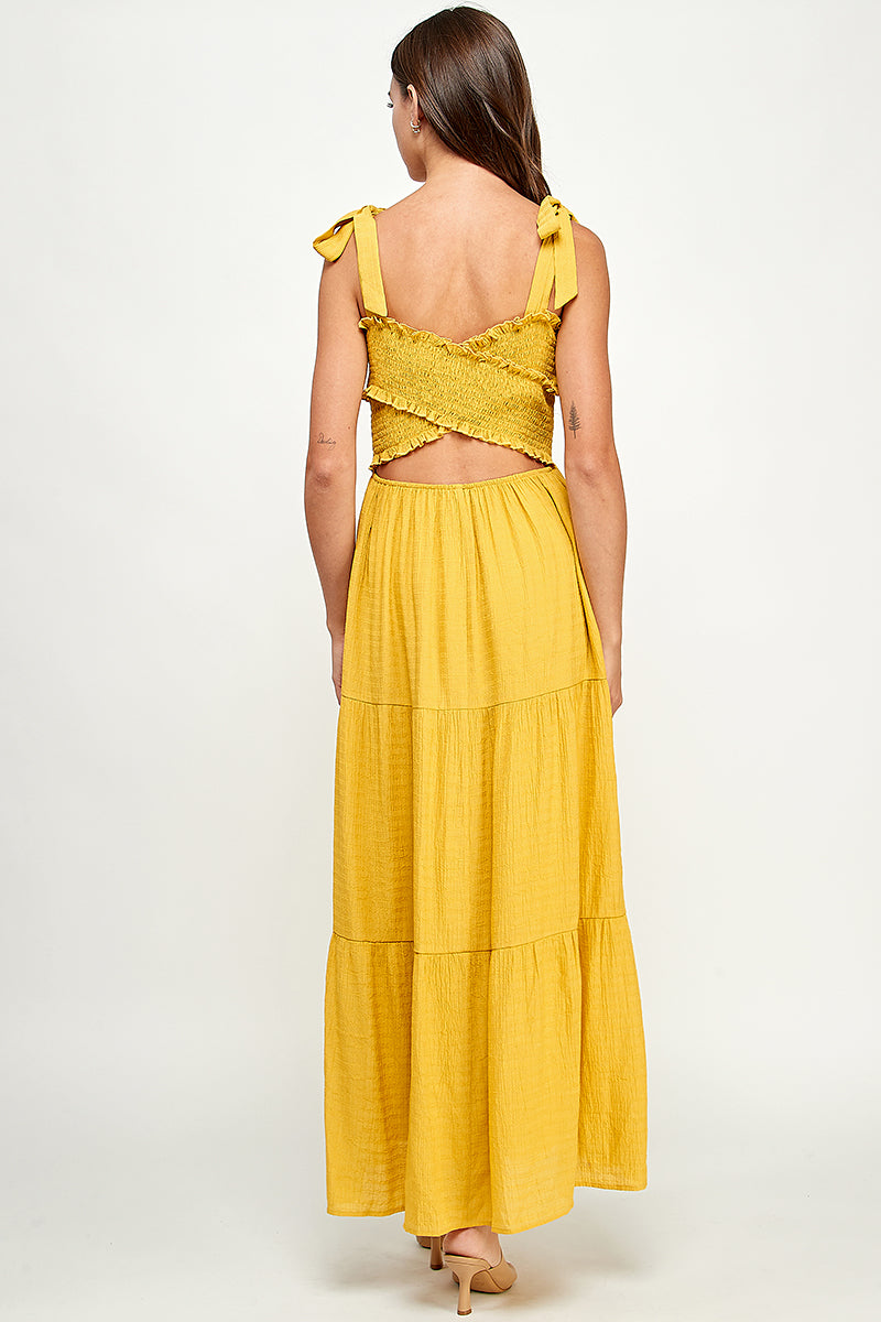 Smocked cross back maxi dress