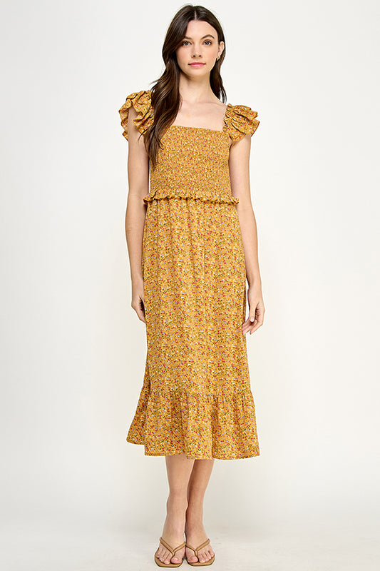 Yura Smocked top midi dress in ditsy print - YD1191BJ01