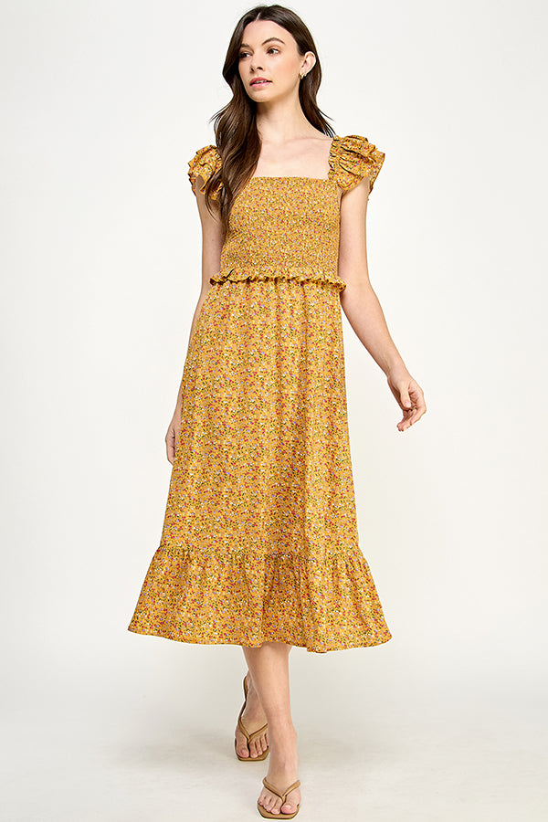 Yura Smocked top midi dress in ditsy print - YD1191BJ01