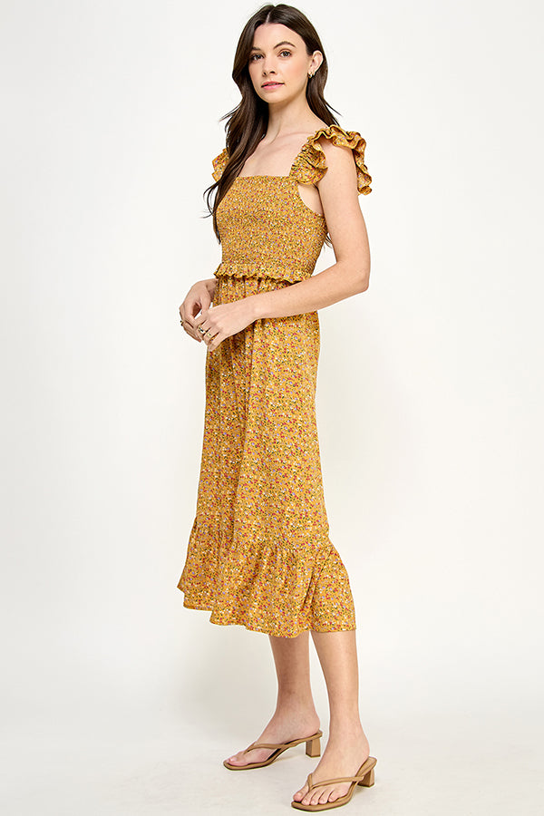 Yura Smocked top midi dress in ditsy print - YD1191BJ01
