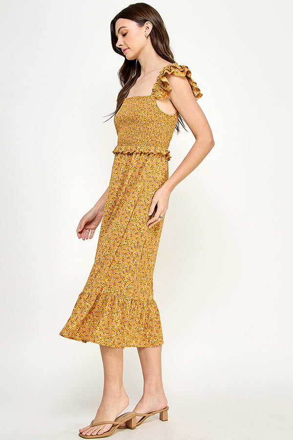 Yura Smocked top midi dress in ditsy print - YD1191BJ01