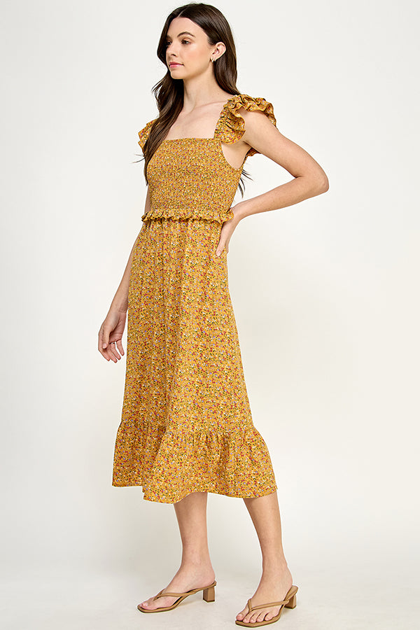 Yura Smocked top midi dress in ditsy print - YD1191BJ01