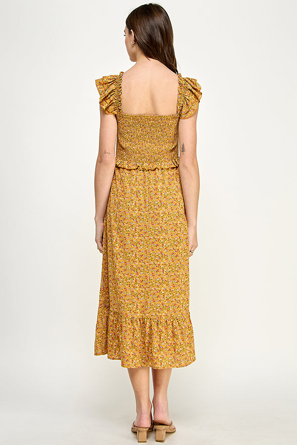 Yura Smocked top midi dress in ditsy print - YD1191BJ01