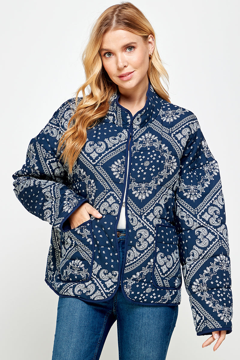 YURA Quilted Oversized Jacket in Bandana Print