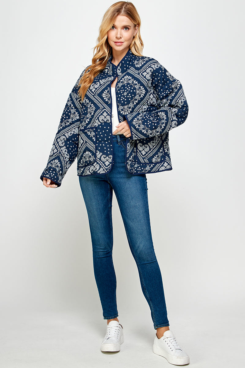 YURA Quilted Oversized Jacket in Bandana Print