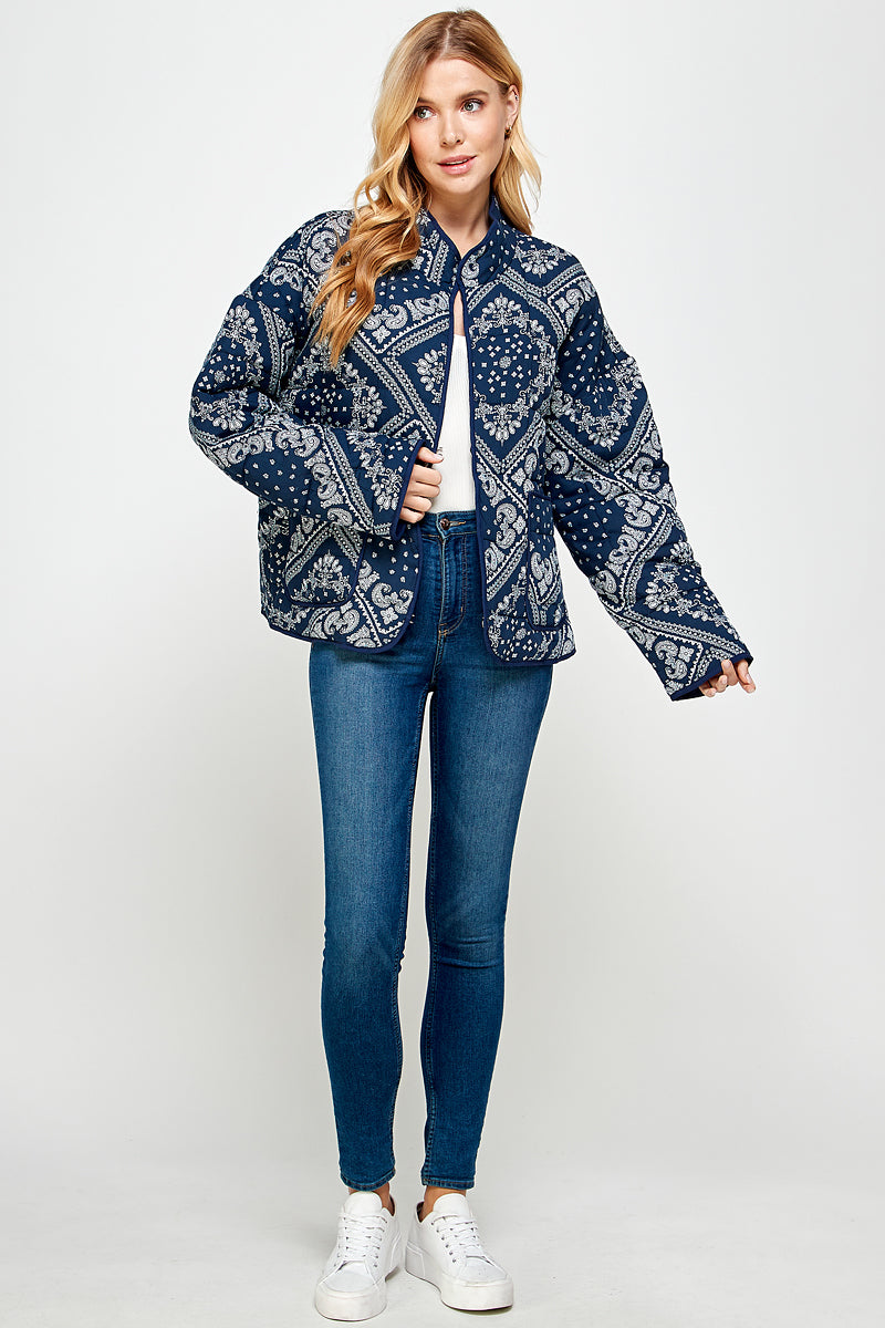 YURA Quilted Oversized Jacket in Bandana Print