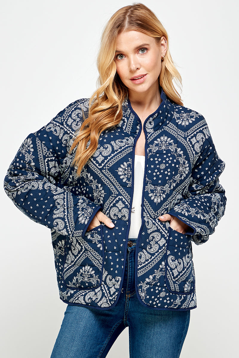 YURA Quilted Oversized Jacket in Bandana Print