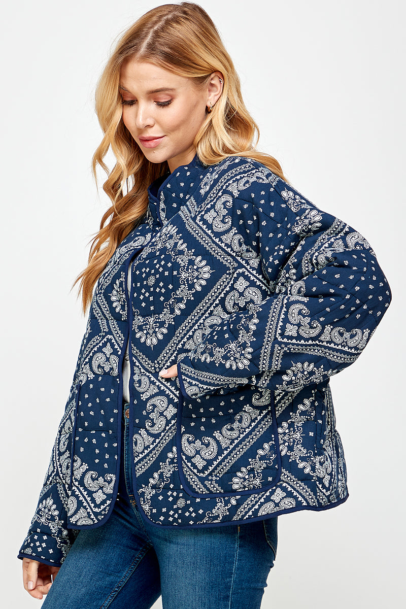 YURA Quilted Oversized Jacket in Bandana Print
