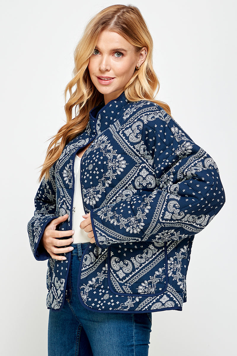 YURA Quilted Oversized Jacket in Bandana Print